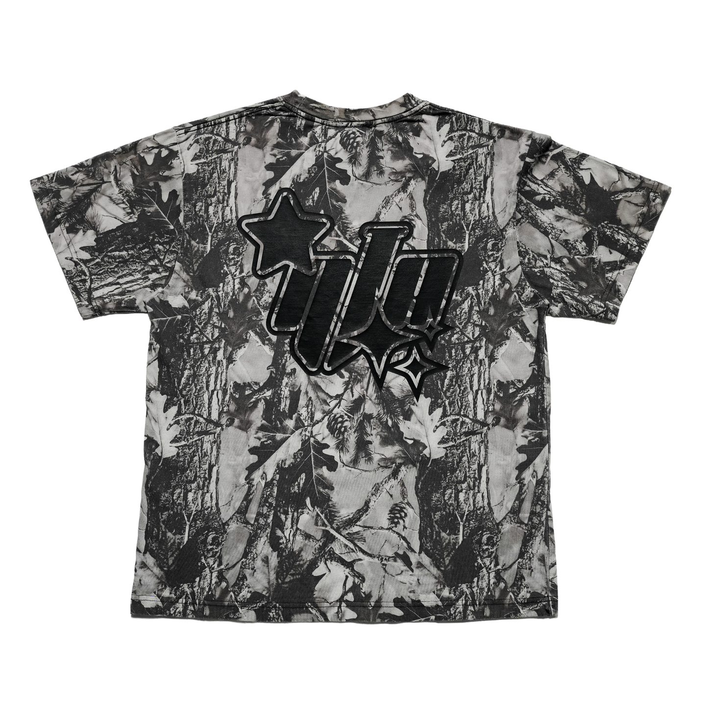 Heavyweight 100% cotton oversized tee featuring an all-over grey woodland camo print and black NTA front graphic. Made with 250 GSM cotton and a drop-shoulder fit.