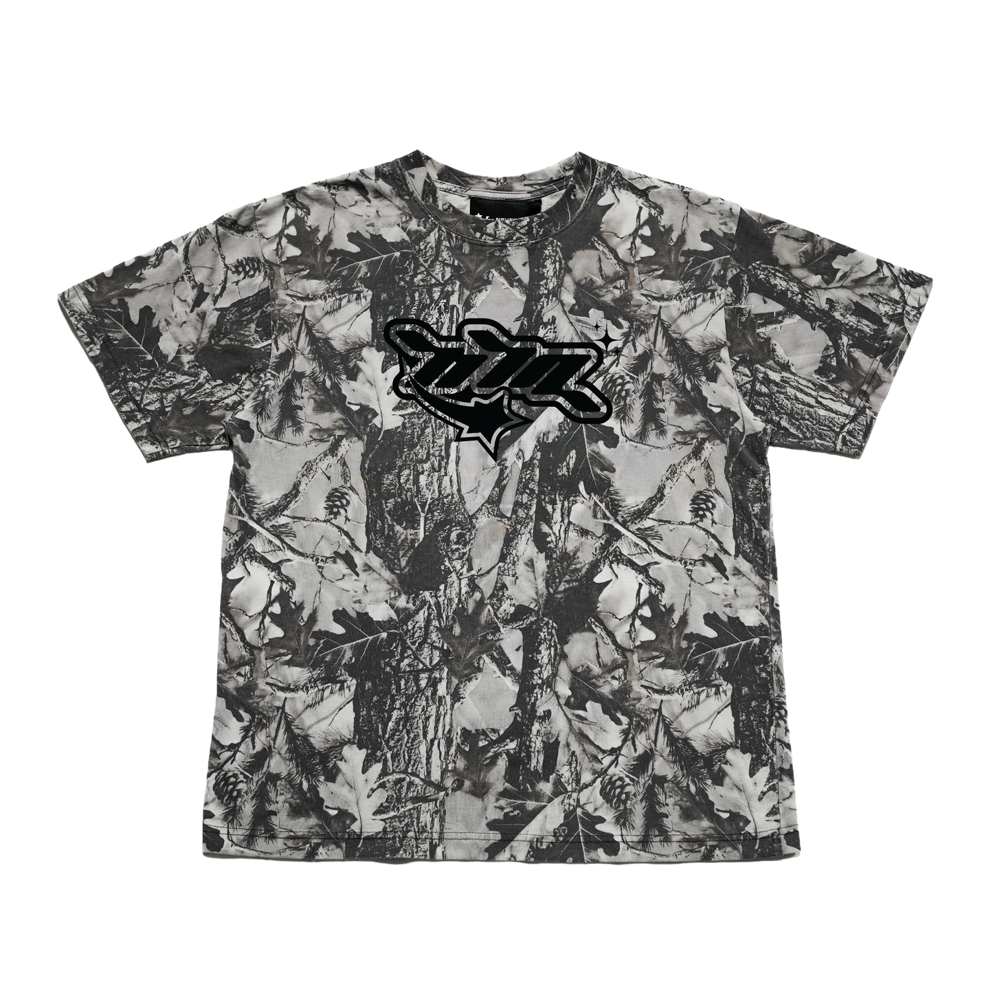 Heavyweight 100% cotton oversized tee featuring an all-over grey woodland camo print and black NTA front graphic. Made with 250 GSM cotton and a drop-shoulder fit.