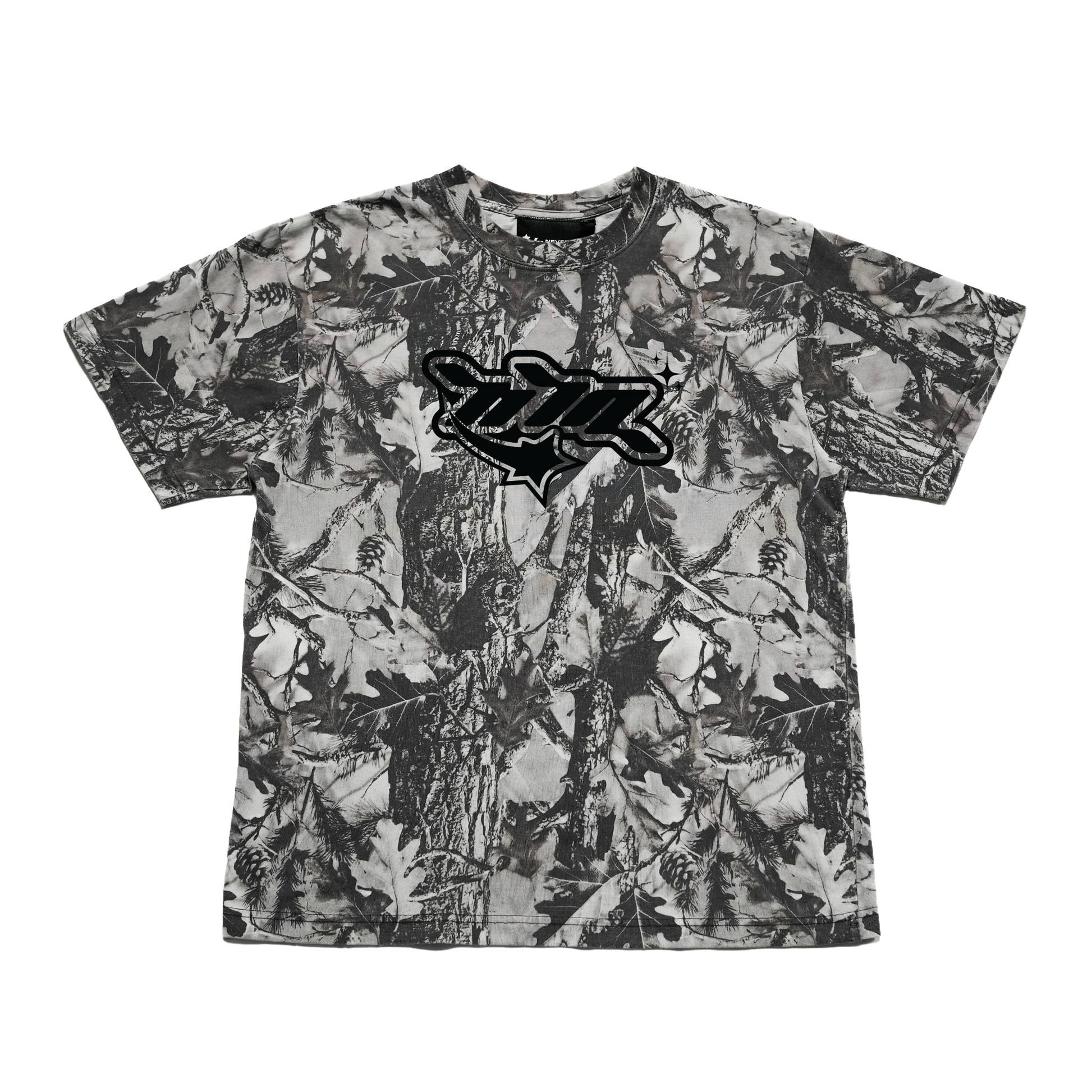 Heavyweight 100% cotton oversized tee featuring an all-over grey woodland camo print and black NTA front graphic. Made with 250 GSM cotton and a drop-shoulder fit.